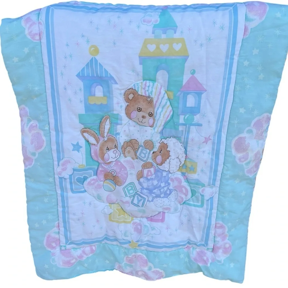 VTG Pastel Beddy Teddy Bear Riegel Quilted Crib Comforter BABY Blocks 31x42 GUC